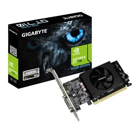 Graphics Card GIGABYTE NVIDIA GeForce GT 710 2 GB 64 bit PCIE 2.0 8x GDDR5 Memory 5010 MHz GPU 954 MHz Single Slot Fansink 1xDVI 1xHDMI GV-N710D5-2GL